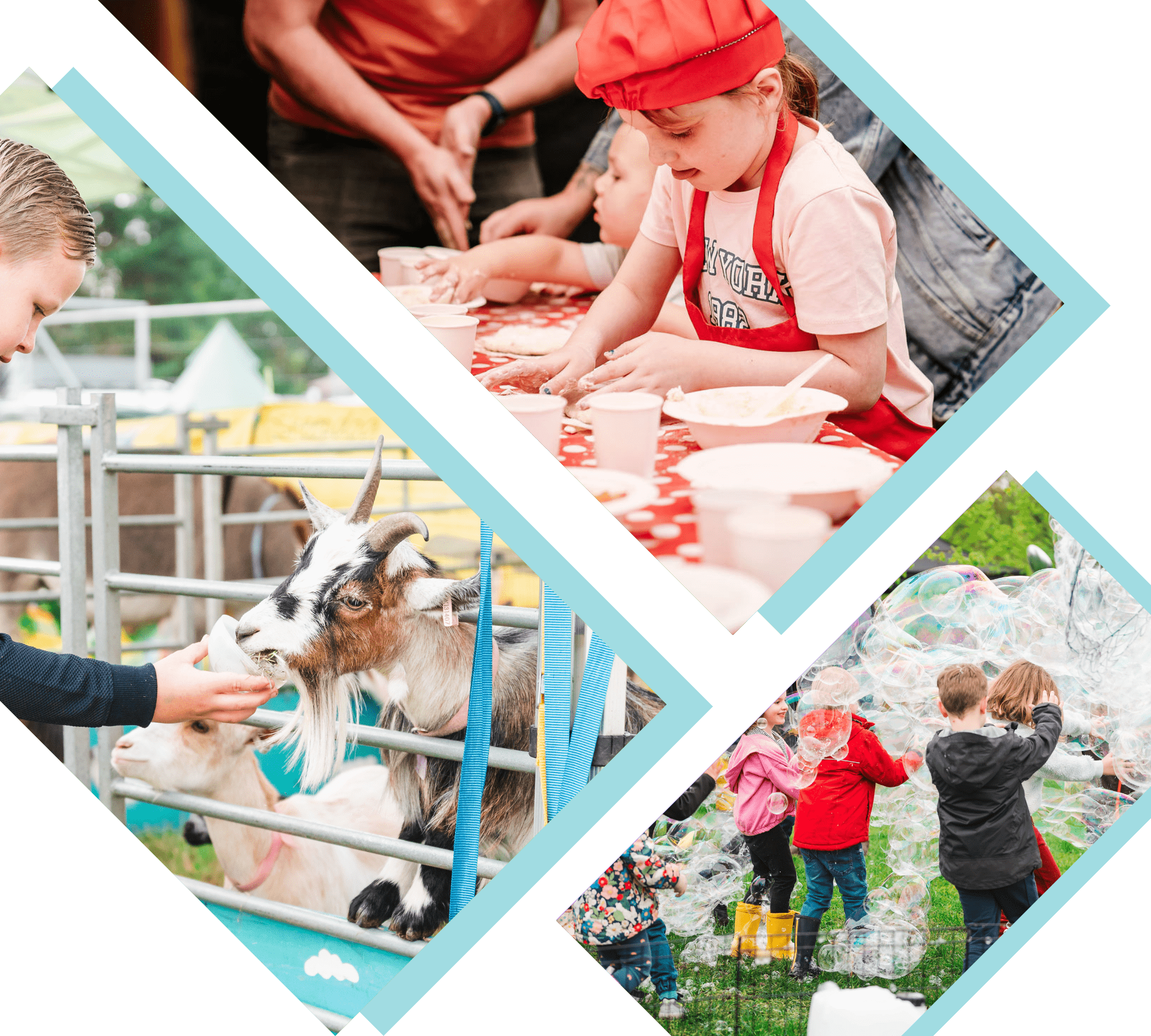 Various children's activities, such as a mobile farm, kids cooking classes, and bubble performances